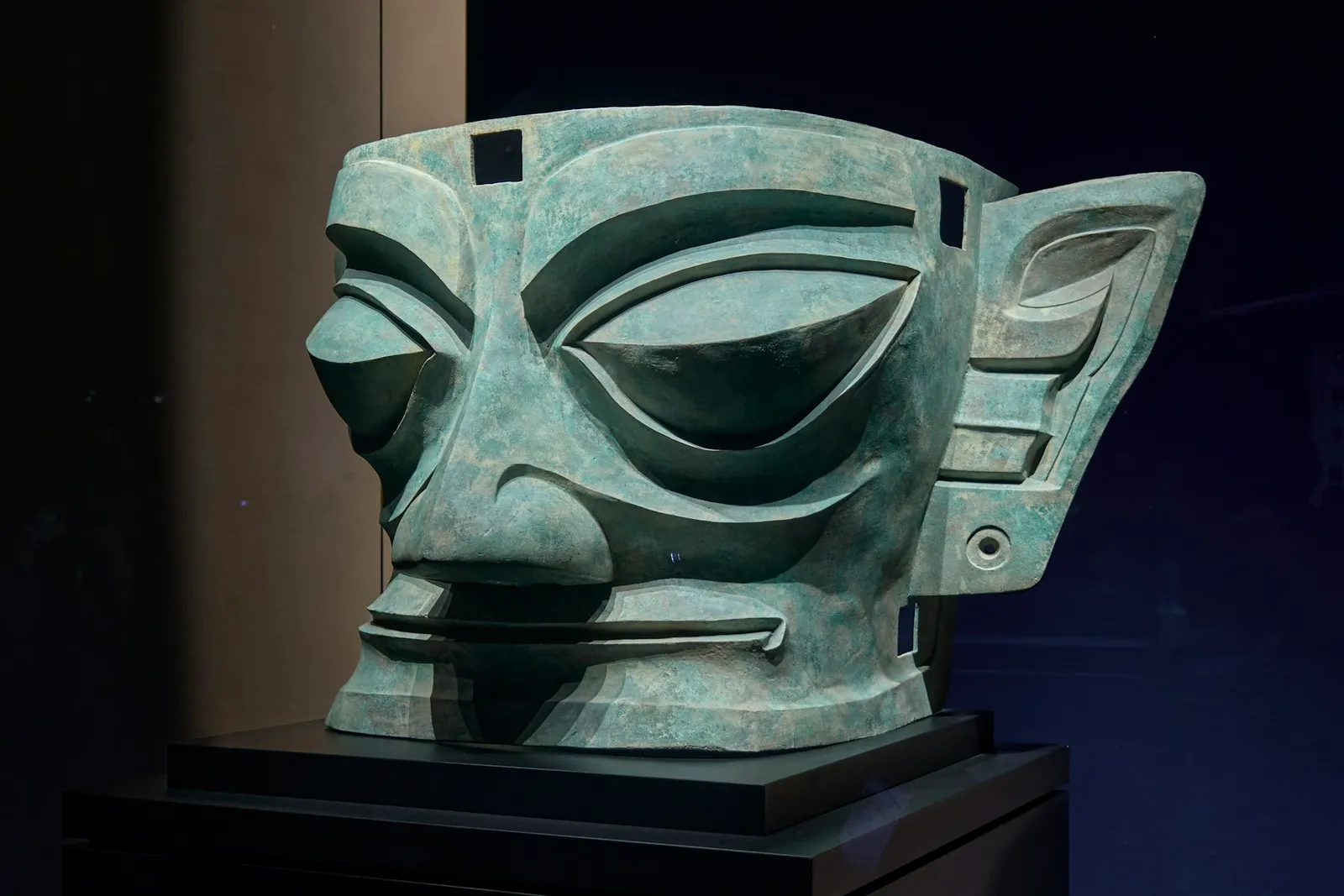 Bronze mask with protruding eyes from the Sanxingdui site of the ancient Shu civilization near Chengdu, China